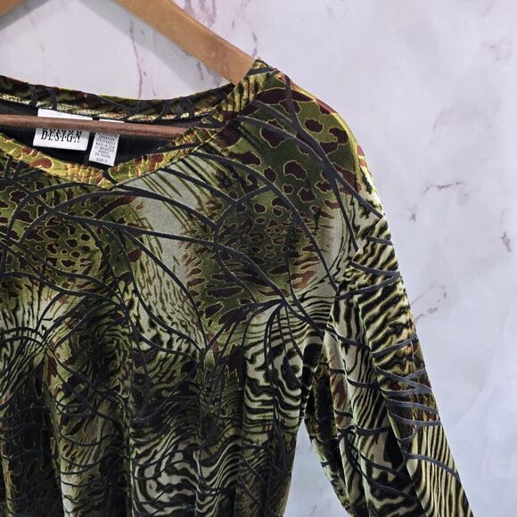 Chicos Shirt Womens XL 3 Green Velvet Burnout Plant Animal Print Blouse Vintage - Picture 9 of 10